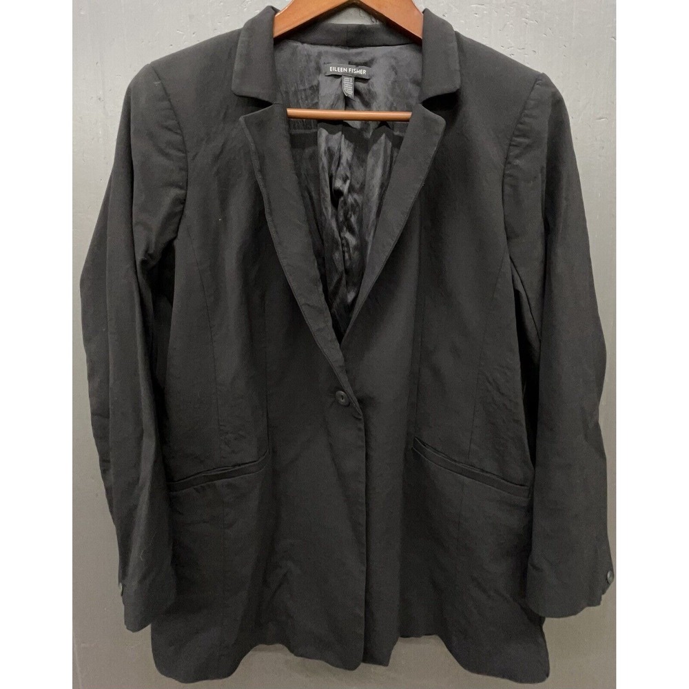 Eileen‎ Fisher Blazer 10 Black Long Line Wool Blend Stretch Career Casual Jacket